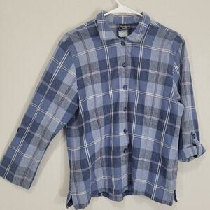 Southern Lady Plaid Shirt Women Large Blue Casual Button up Fall Winter Cabin